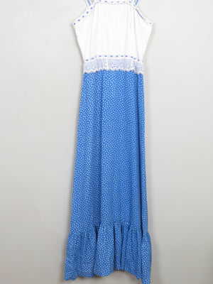 Vintage Blue & White 1970s Prairie  Style Maxi Dress XS