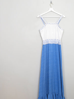 Vintage Blue & White 1970s Prairie  Style Maxi Dress XS