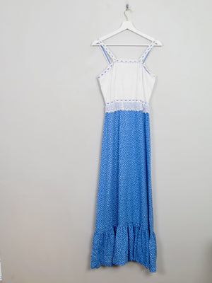 Vintage Blue & White 1970s Prairie  Style Maxi Dress XS