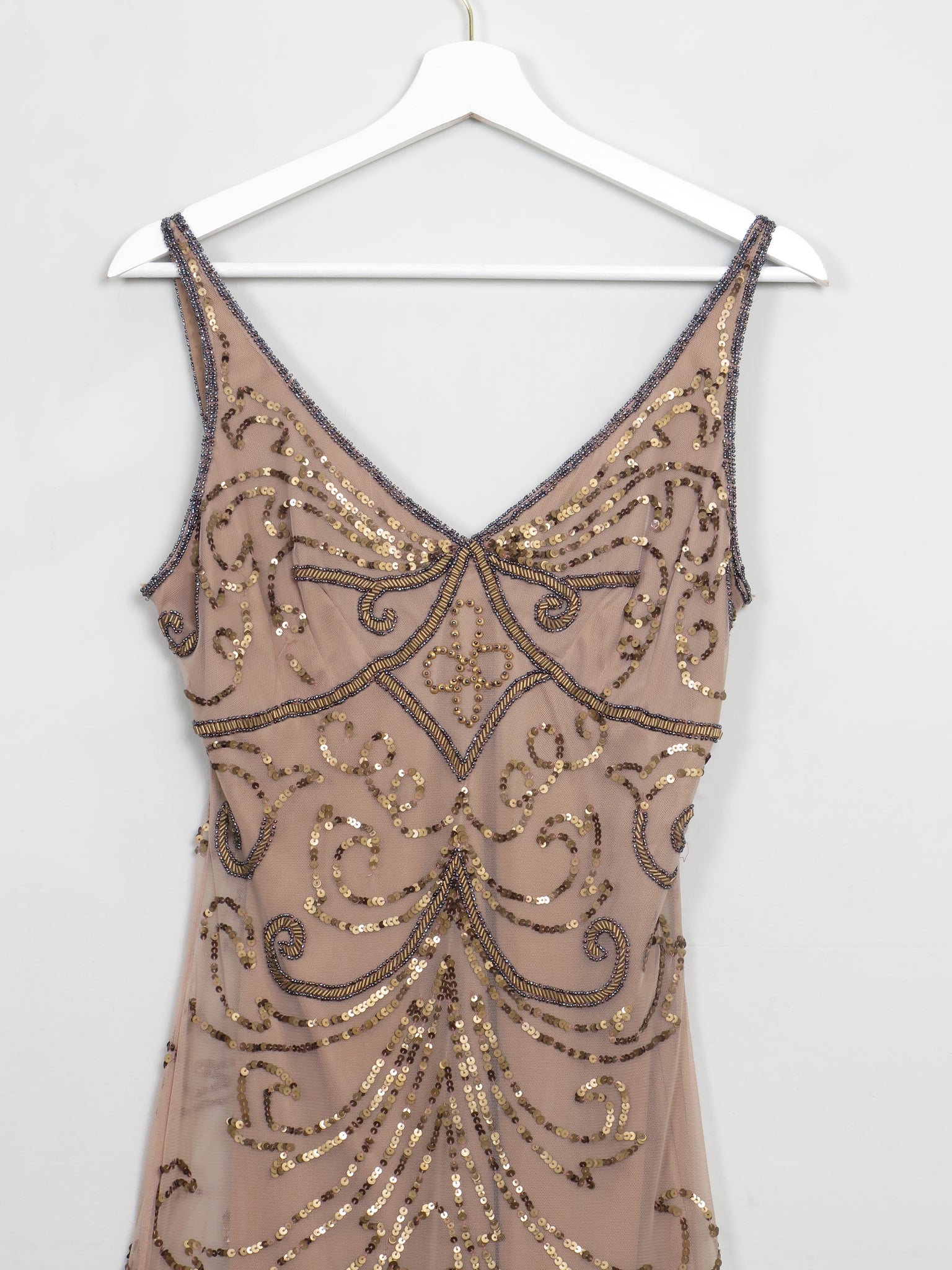 Vintage Brown Nude 1920s Style Beaded Dress S