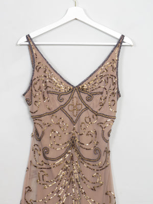 Vintage Brown Nude 1920s Style Beaded Dress S