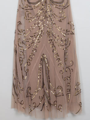 Vintage Brown Nude 1920s Style Beaded Dress S