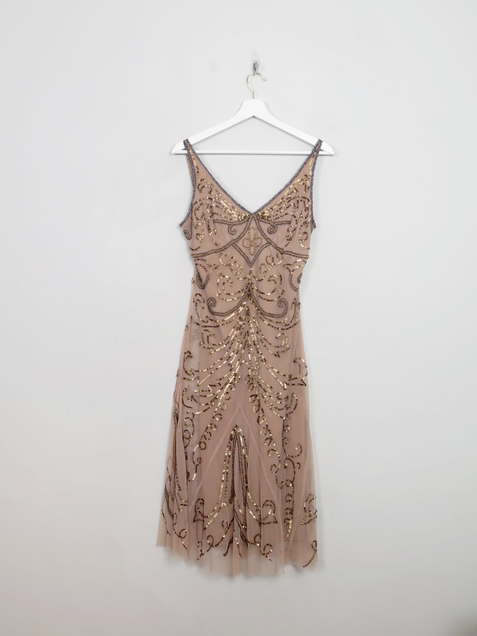 Vintage Brown Nude 1920s Style Beaded Dress S