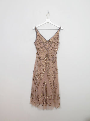 Vintage Brown Nude 1920s Style Beaded Dress S
