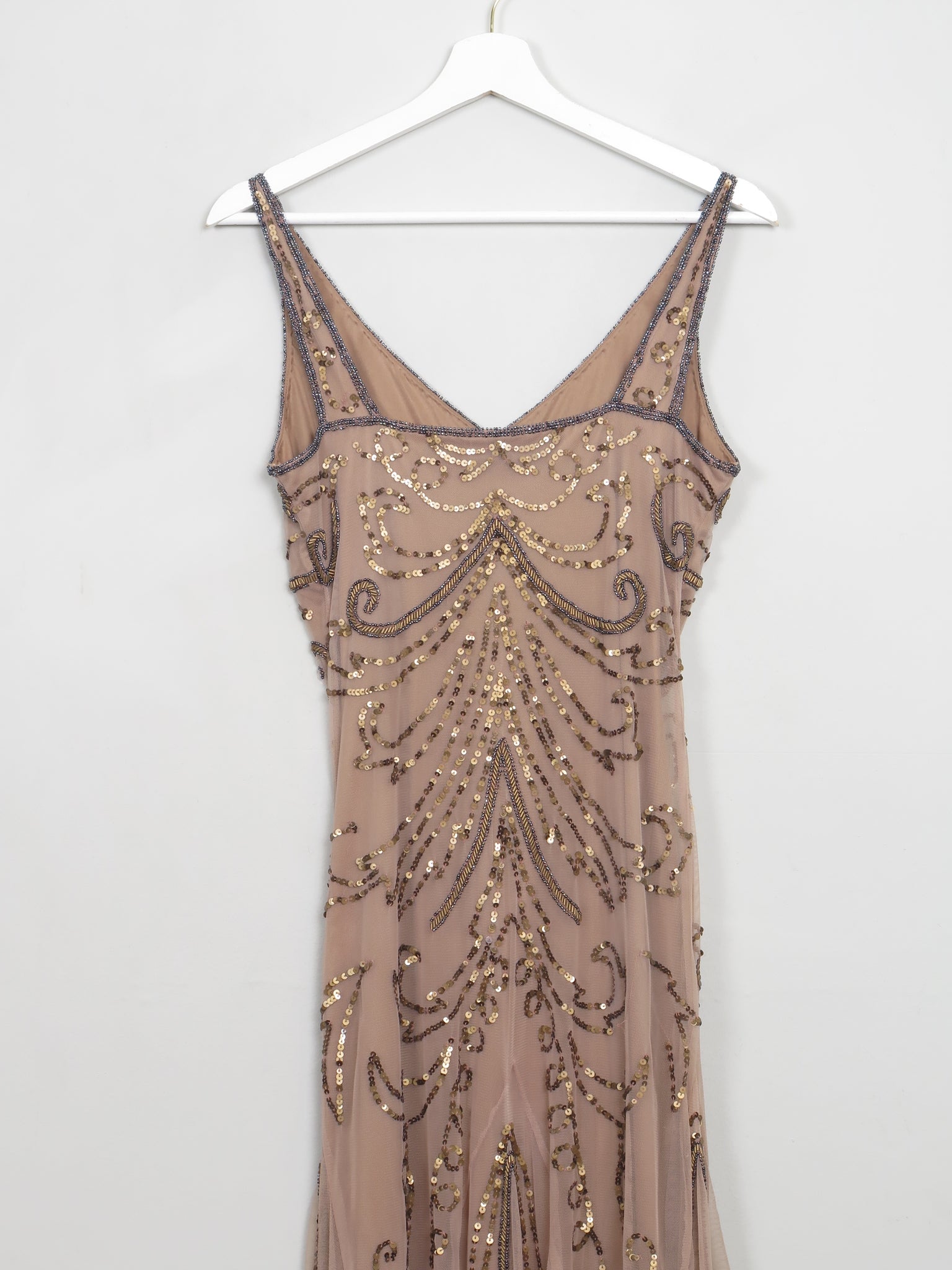 Vintage Brown Nude 1920s Style Beaded Dress S