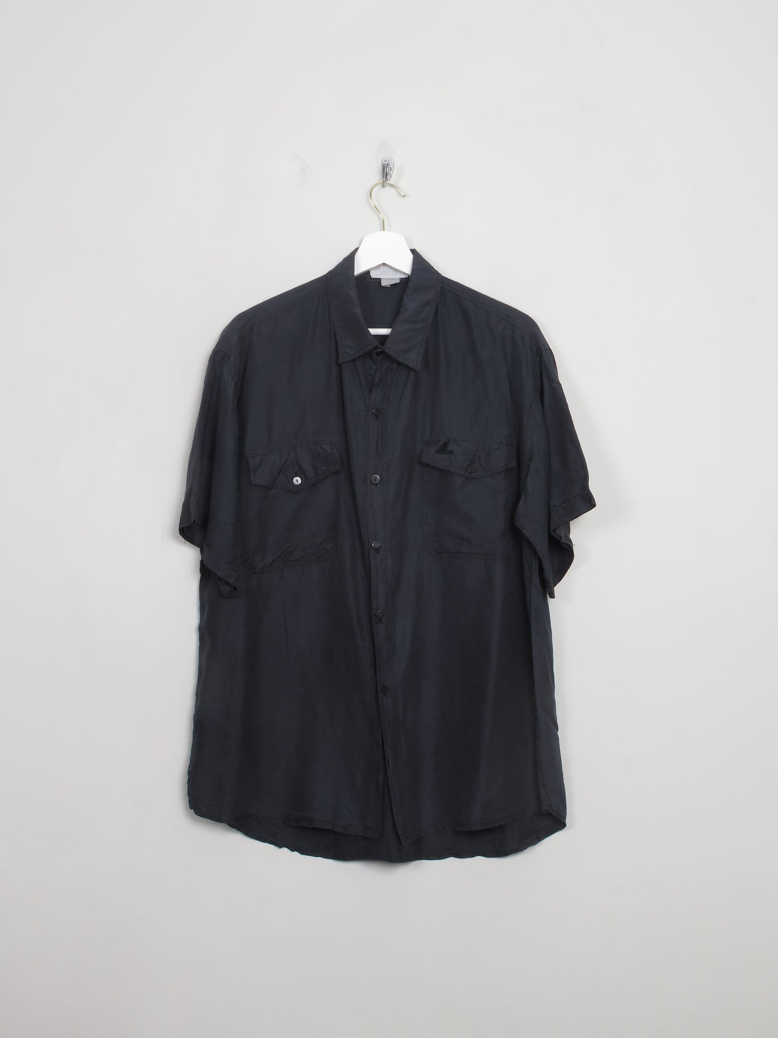 Men's Vintage Black Short Sleeved Silk Shirt S/M