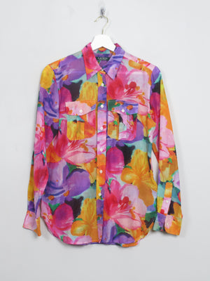 Vintage Women's Ralph Lauren Colourful Silk Long Sleeved Blouse XS