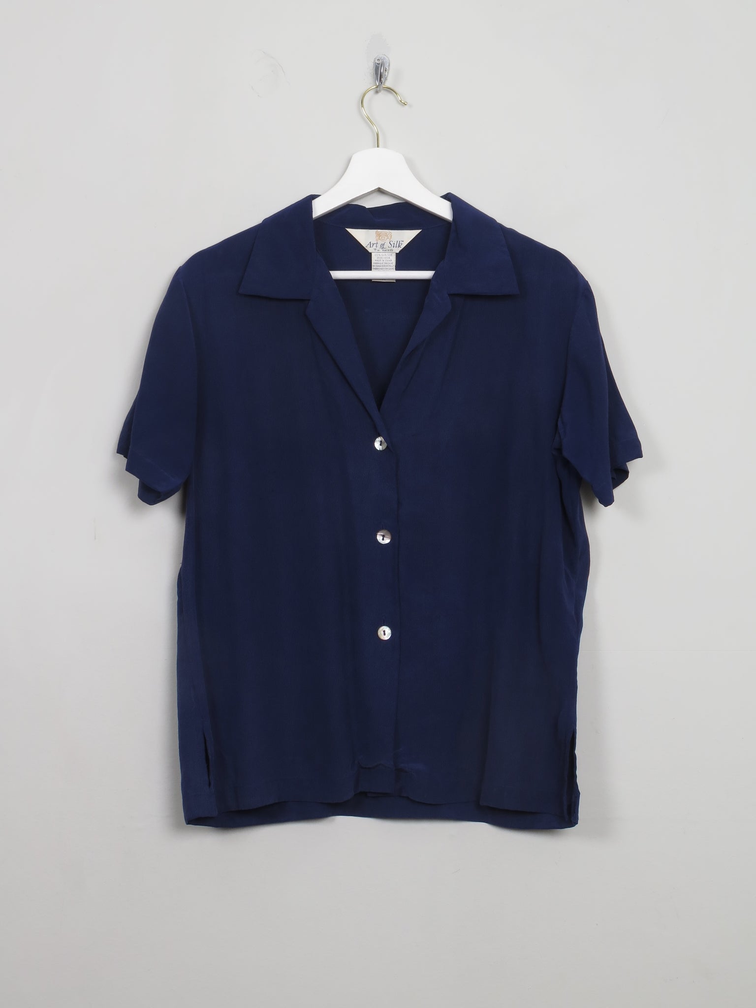Women’s Vintage Navy Silk Short Sleeved Blouse S/M