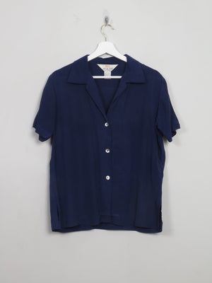 Women’s Vintage Navy Silk Short Sleeved Blouse S/M