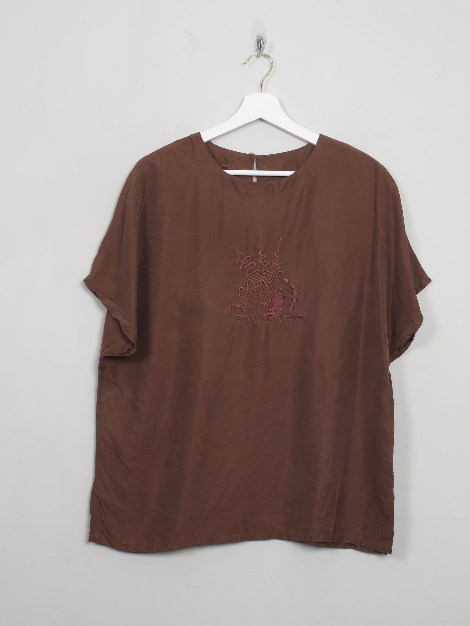 Women's Vintage Brown Silk Short Sleeved Blouse M/L