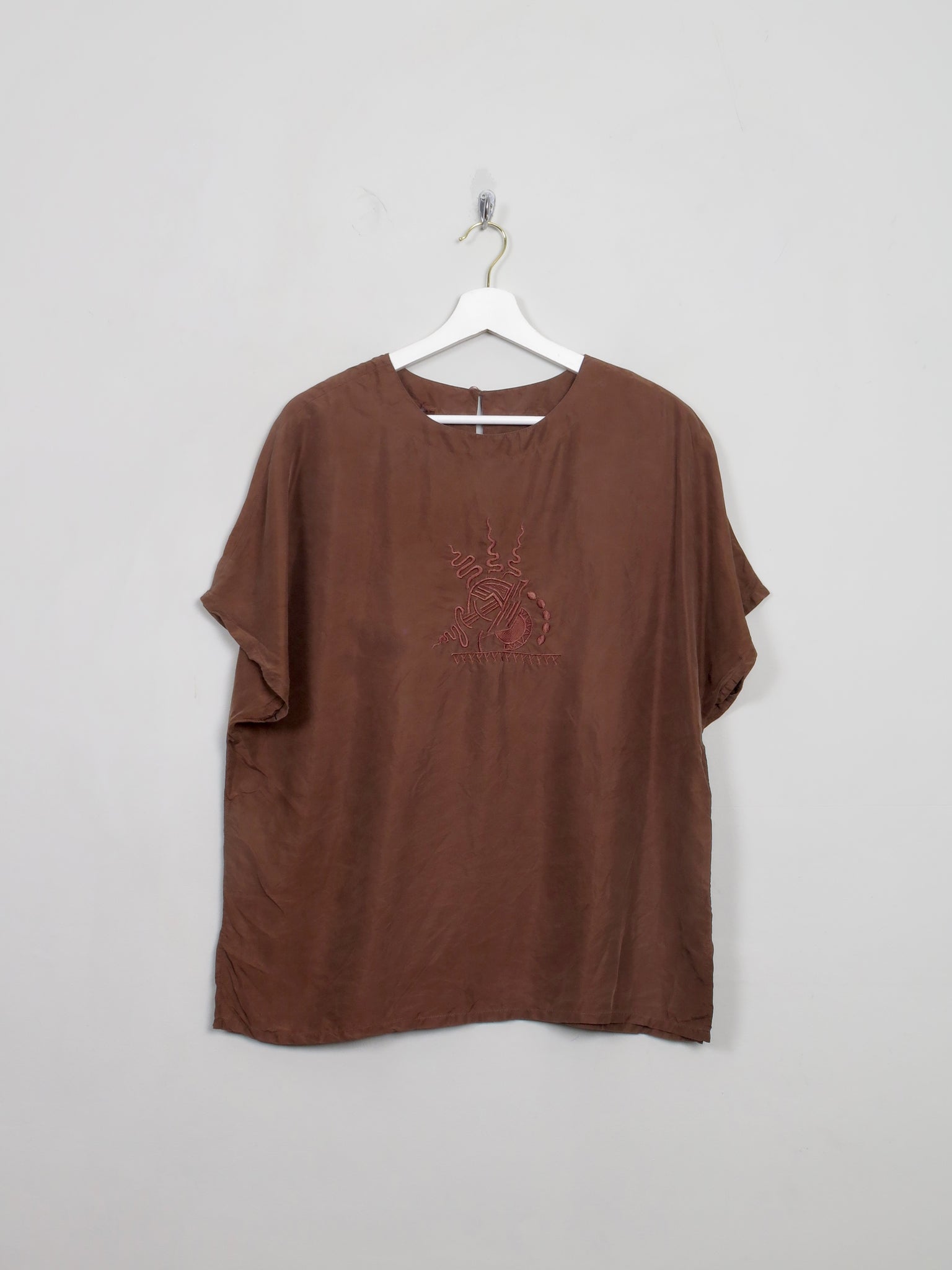 Women's Vintage Brown Silk Short Sleeved Blouse M/L