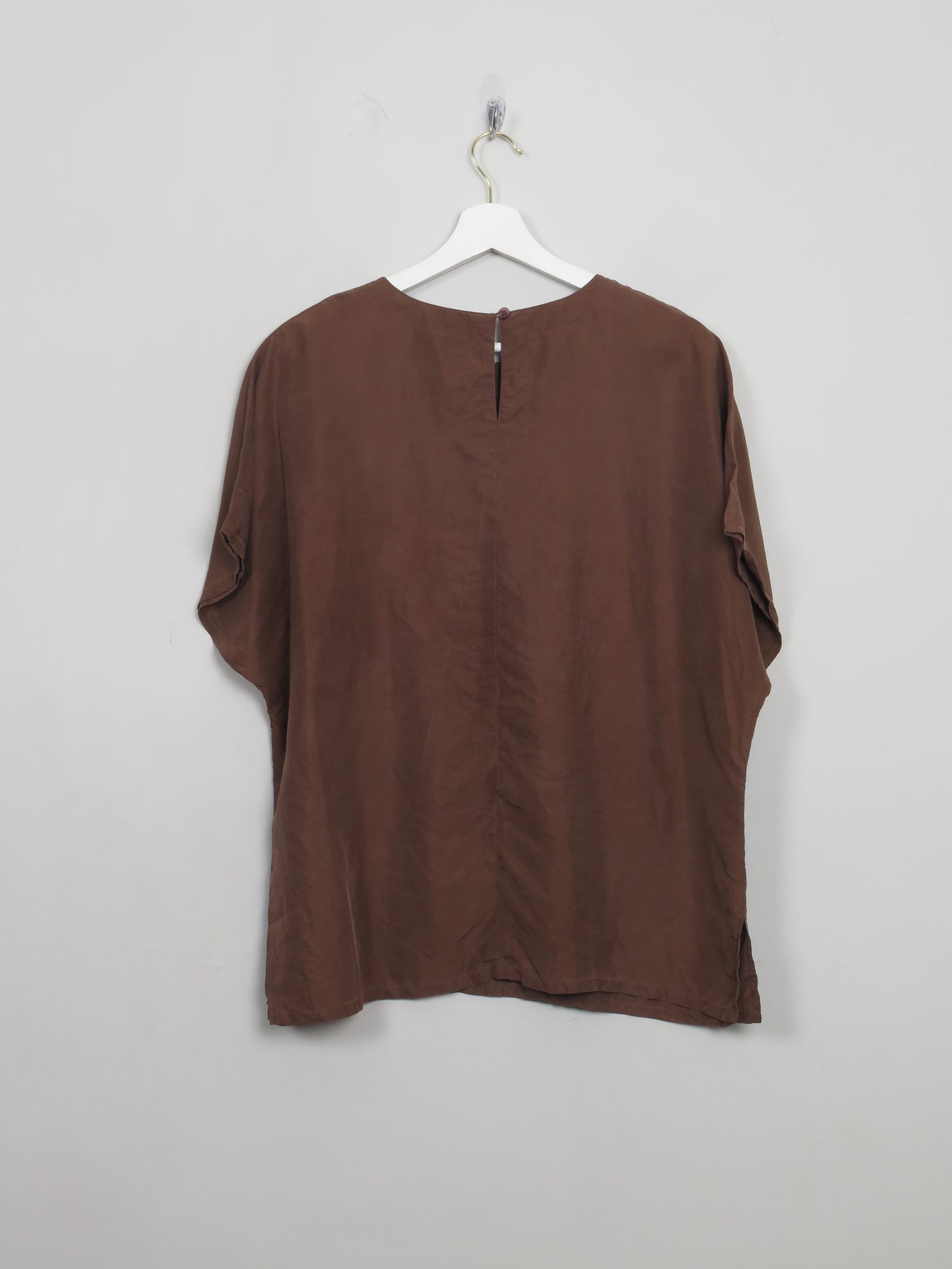 Women's Vintage Brown Silk Short Sleeved Blouse M/L