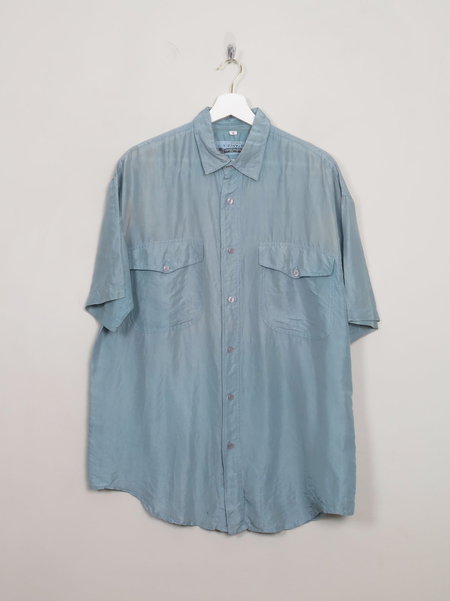 Men's Blue Vintage Silk Shirt Sleeved Shirt M - The Harlequin