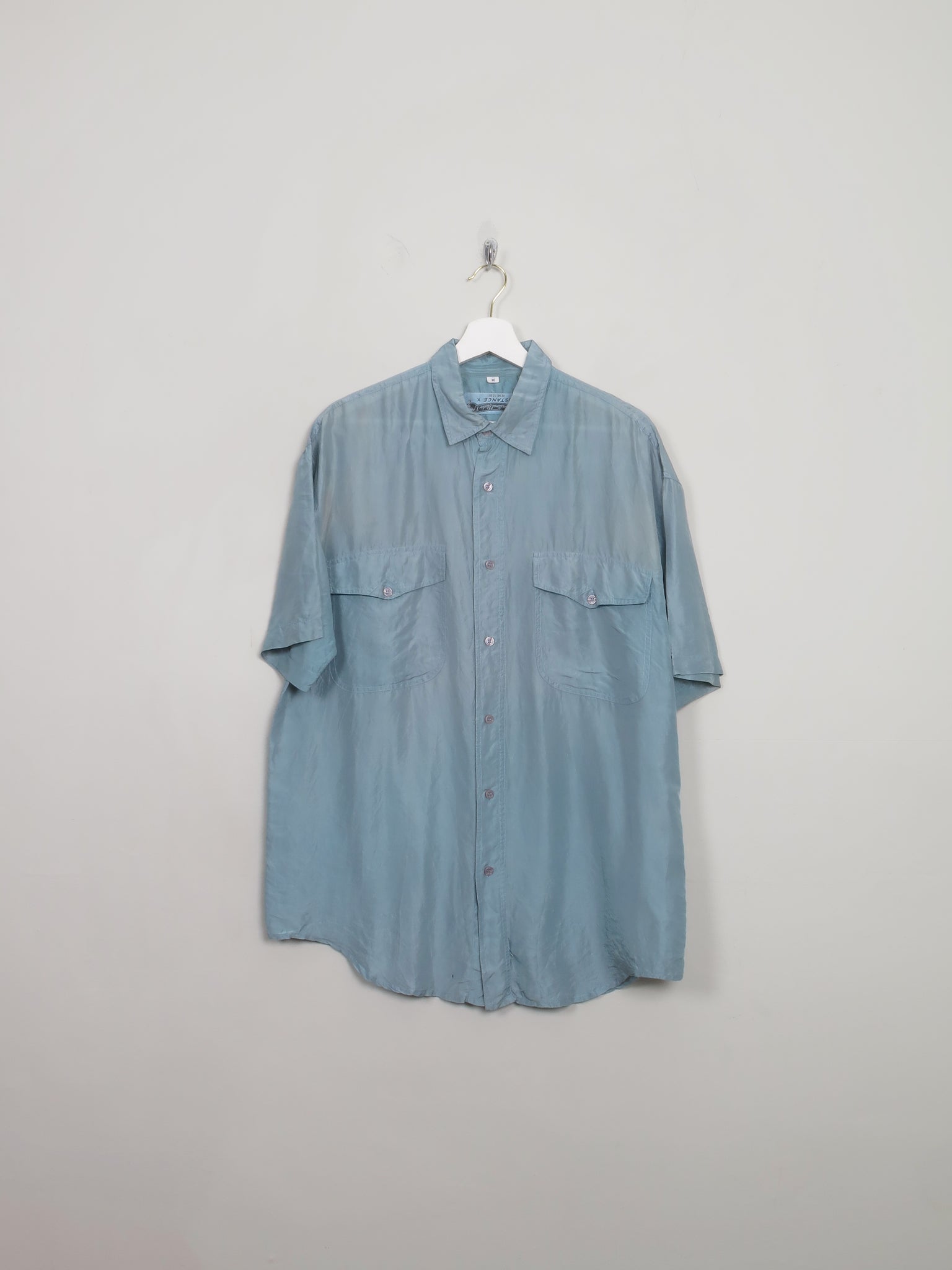 Men's Blue Vintage Silk Shirt Sleeved Shirt M - The Harlequin