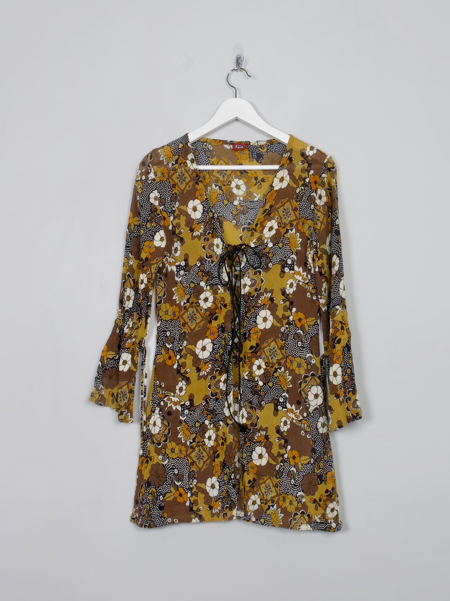 Vintage Floral Mustard Tunic Lace Up Top/Dress S - The Harlequin