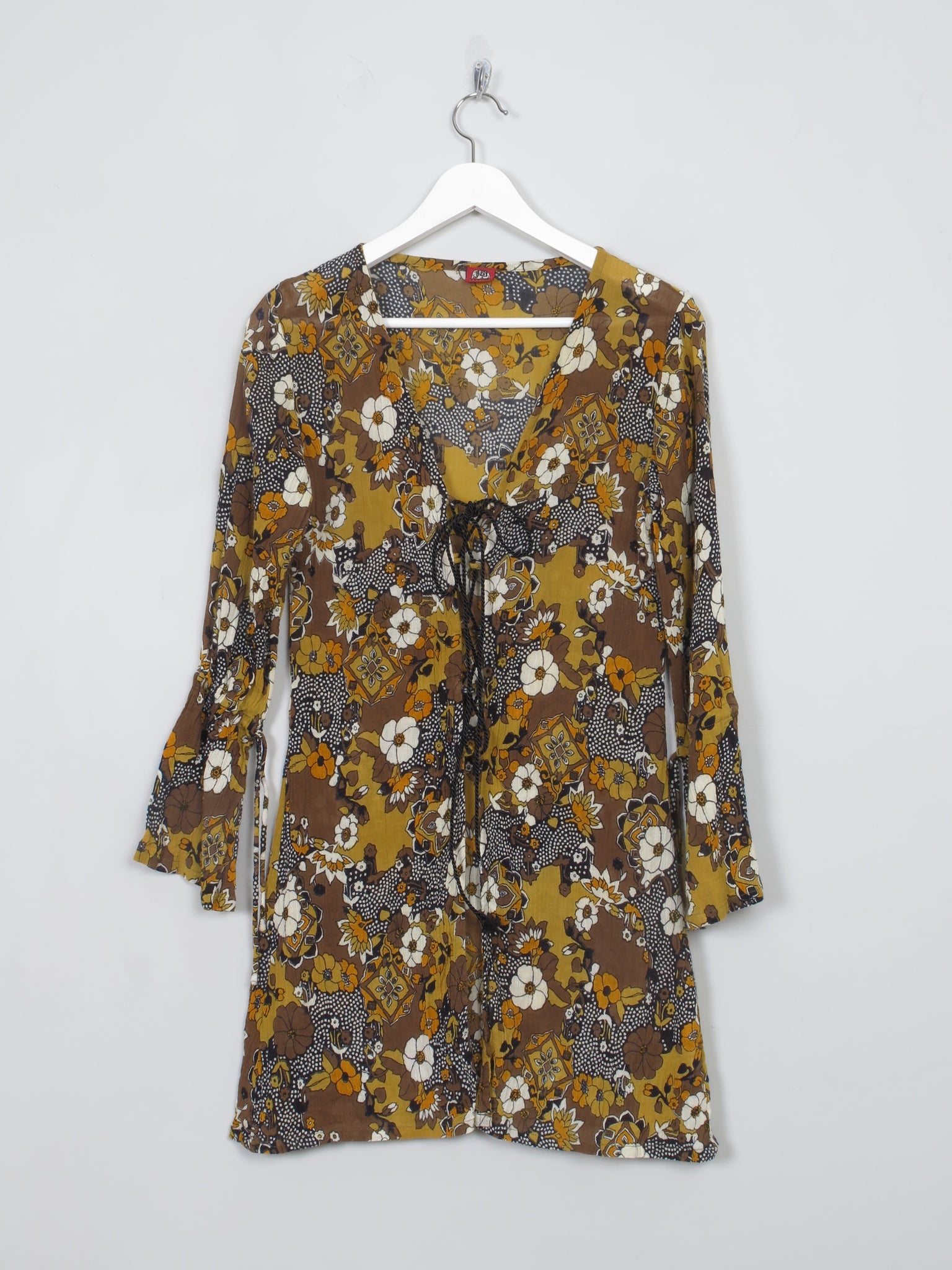 Vintage Floral Mustard Tunic Lace Up Top/Dress S - The Harlequin