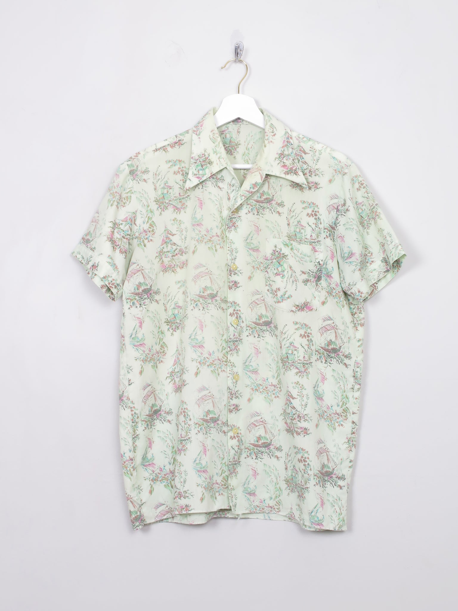 Men's Vintage Green Patterned Short Sleeved 60s Shirt M
