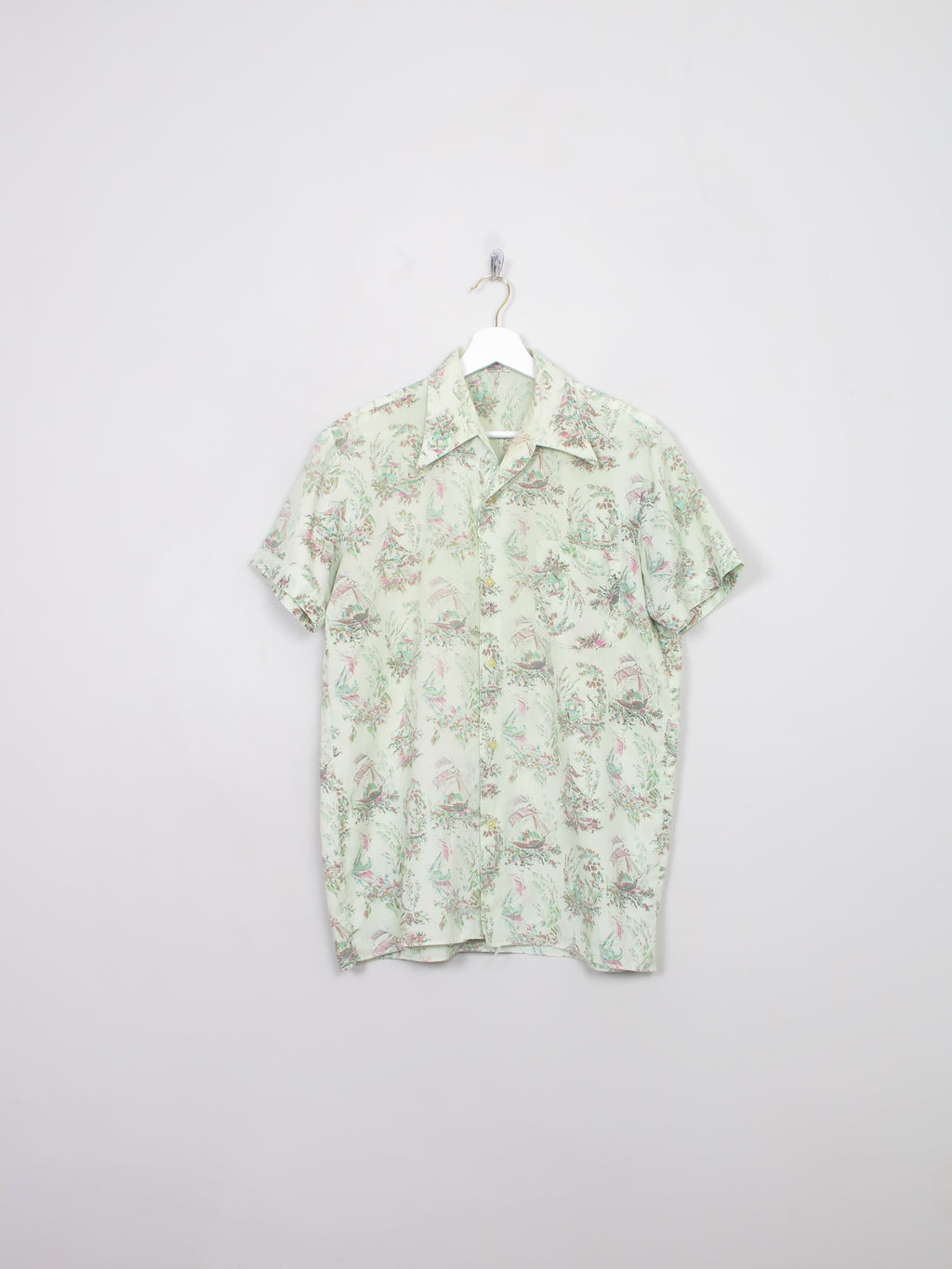 Men's Vintage Green Patterned Short Sleeved 60s Shirt M