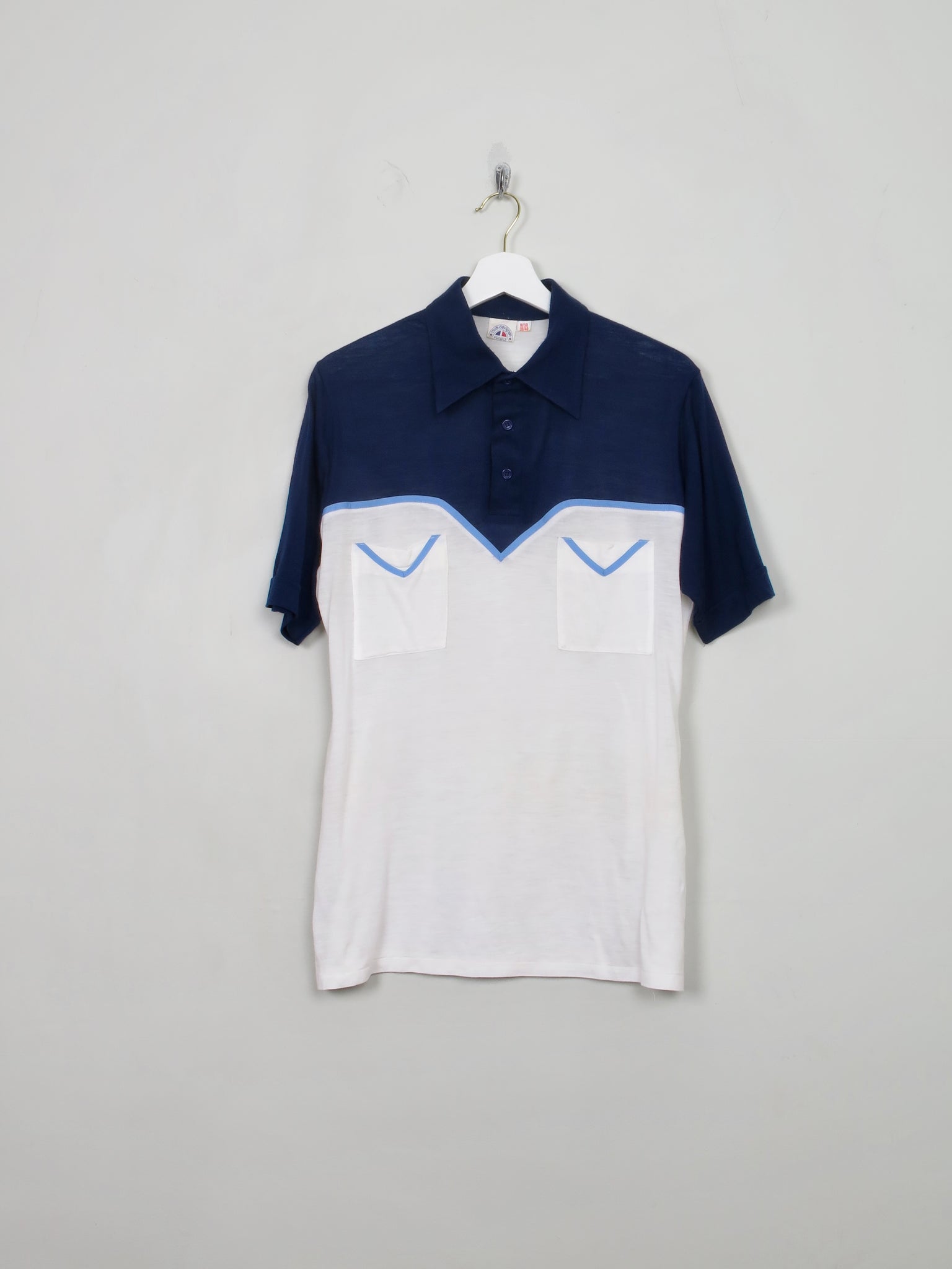 Men's 70s Stretchy Navy & Cream Polo Top S/M