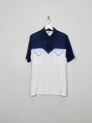 Men's 70s Stretchy Navy & Cream Polo Top S/M