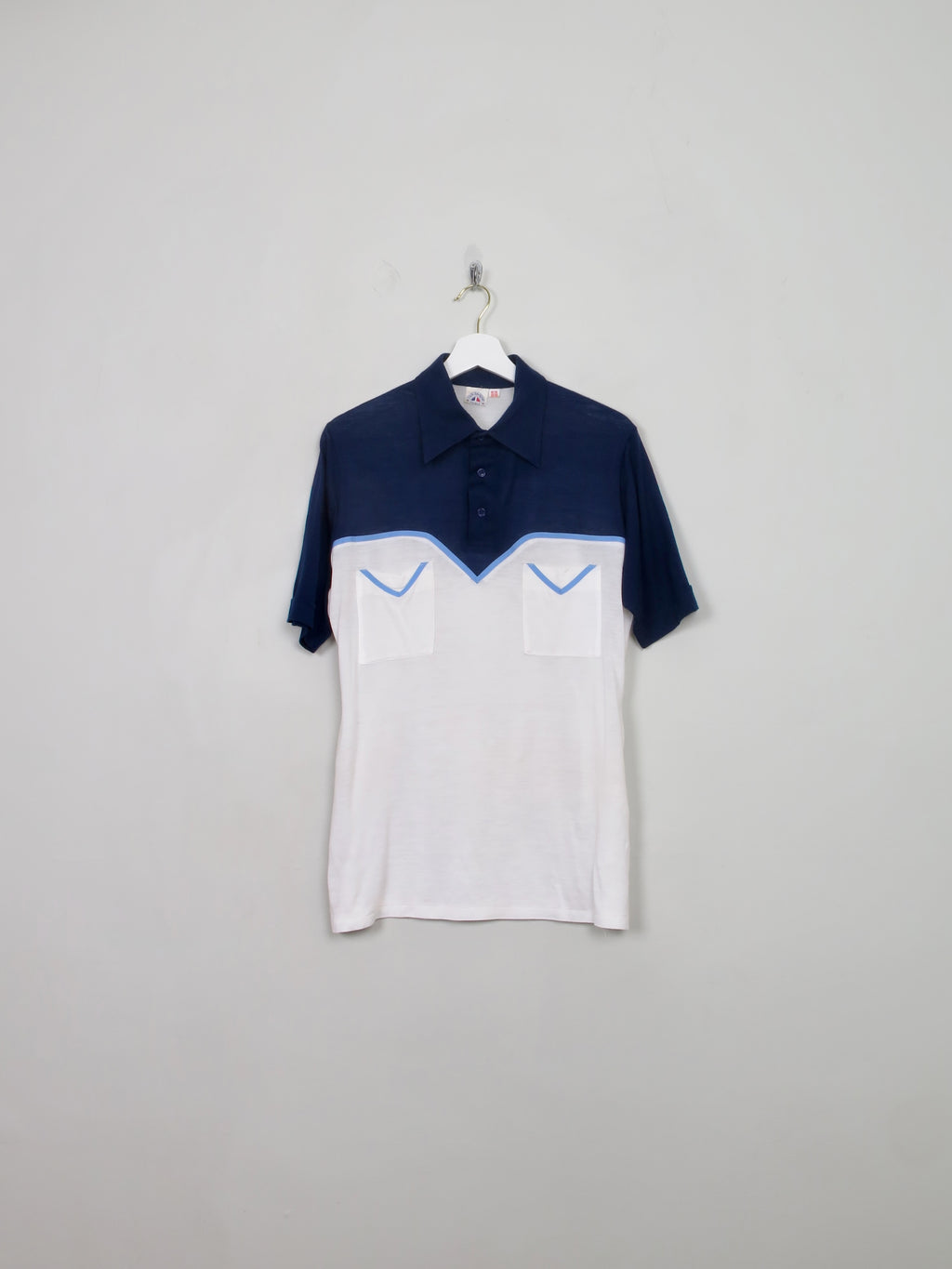 Men's 70s Stretchy Navy & Cream Polo Top S/M