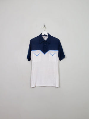 Men's 70s Stretchy Navy & Cream Polo Top S/M
