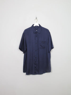 Men's Vintage Jacquard Textured Silk Navy Shirt  L