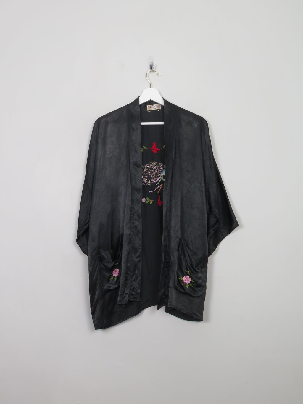 Women's Vintage Black Chinese Satin Kimono Jacket S/M