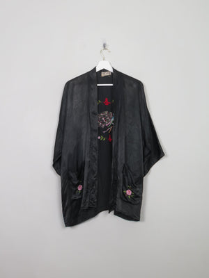 Women's Vintage Black Chinese Satin Kimono Jacket S/M