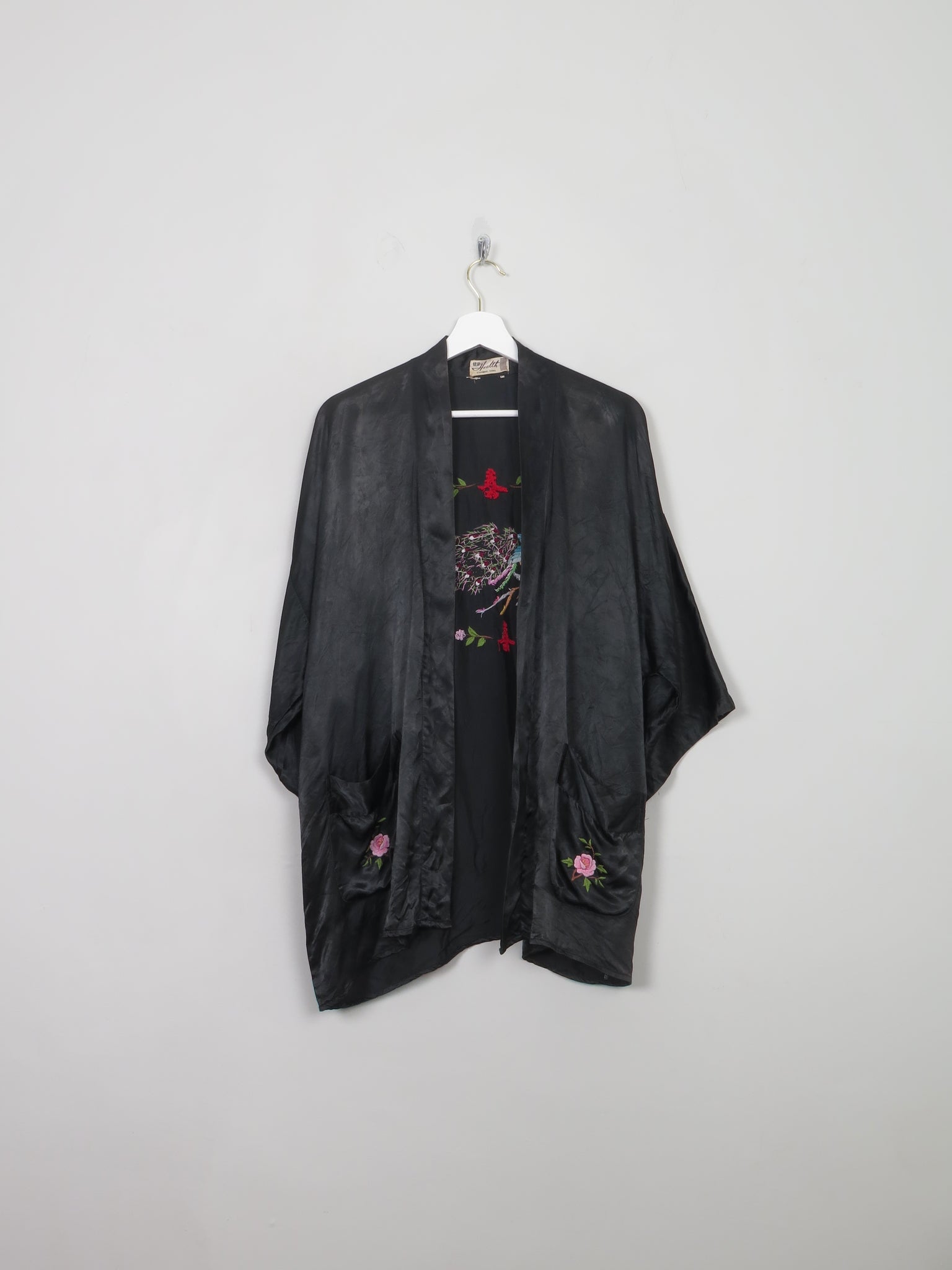 Women's Vintage Black Chinese Satin Kimono Jacket S/M