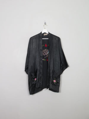 Women's Vintage Black Chinese Satin Kimono Jacket S/M