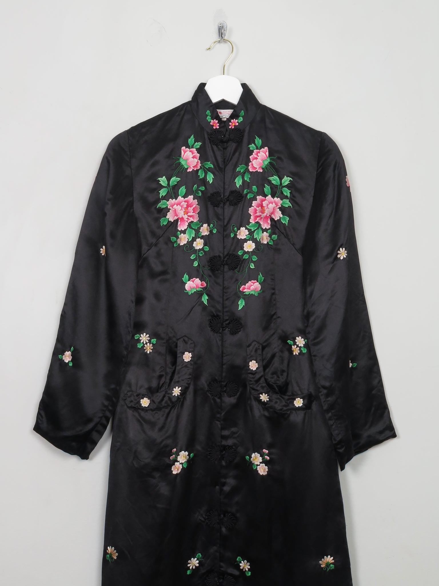 Vintage Chinese Hand Embroidered Silk Black Duster Maxi Coat XXS/6