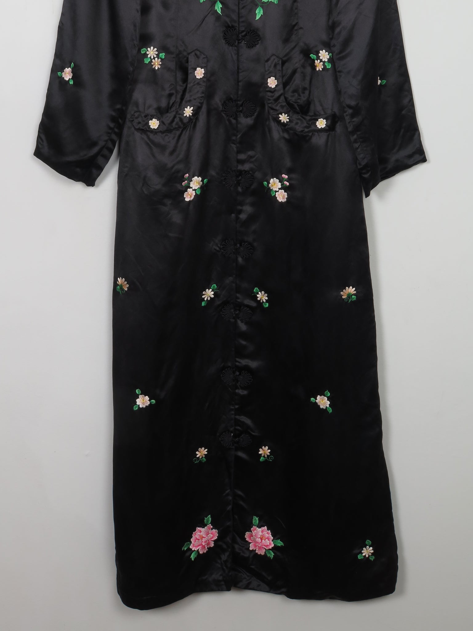 Vintage Chinese Hand Embroidered Silk Black Duster Maxi Coat XXS/6