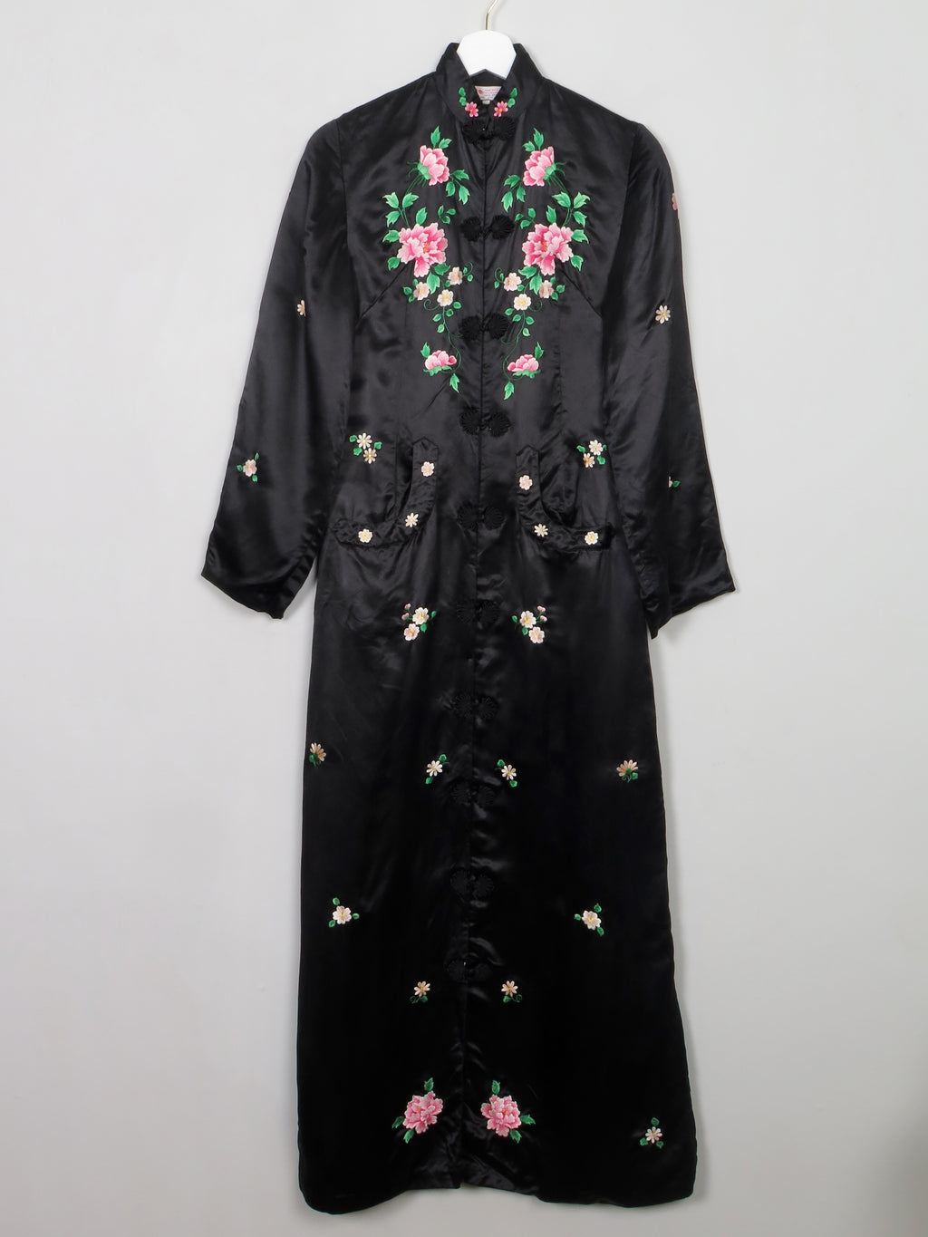 Vintage Chinese Hand Embroidered Silk Black Duster Maxi Coat XXS/6