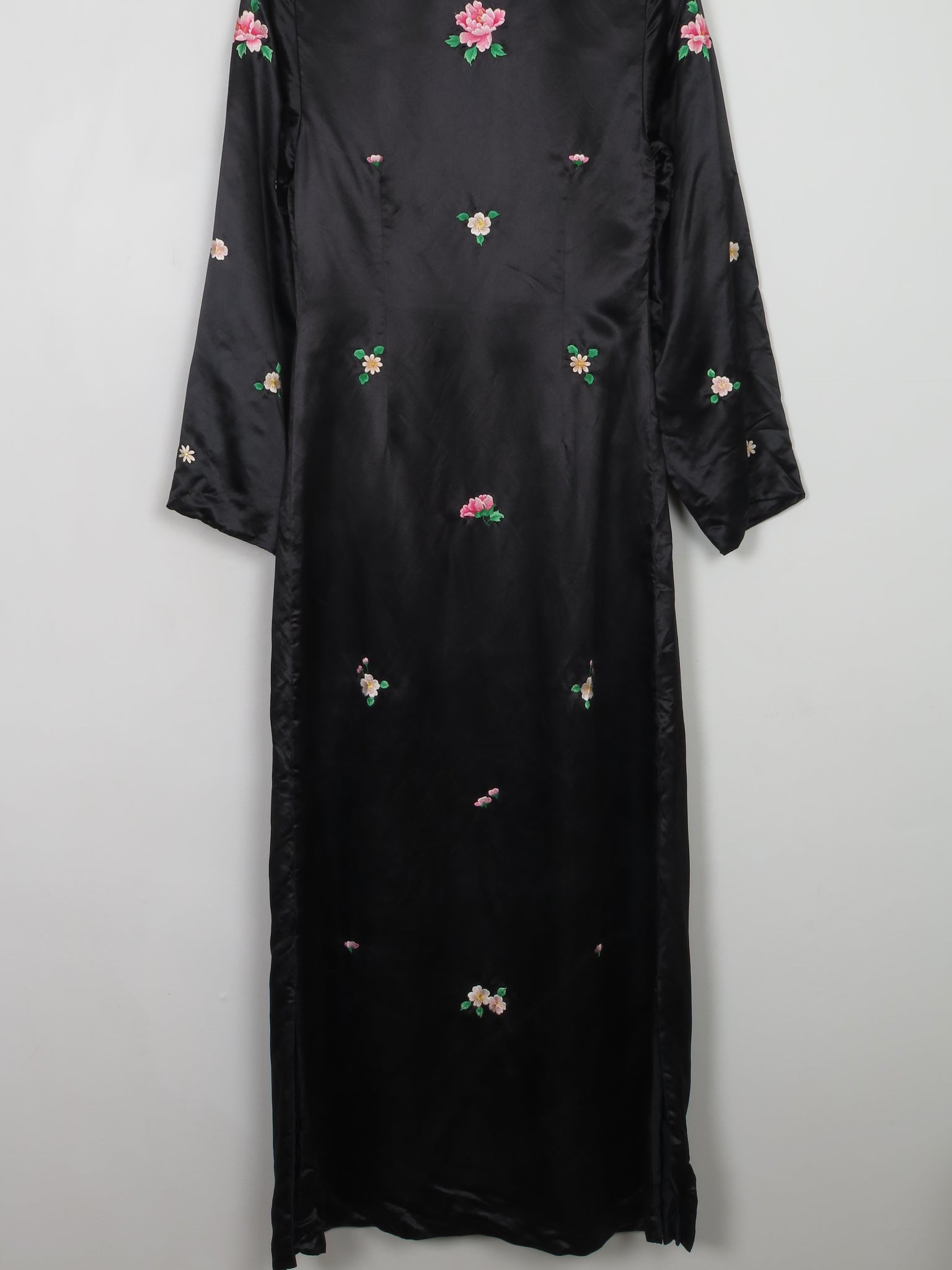 Vintage Chinese Hand Embroidered Silk Black Duster Maxi Coat XXS/6