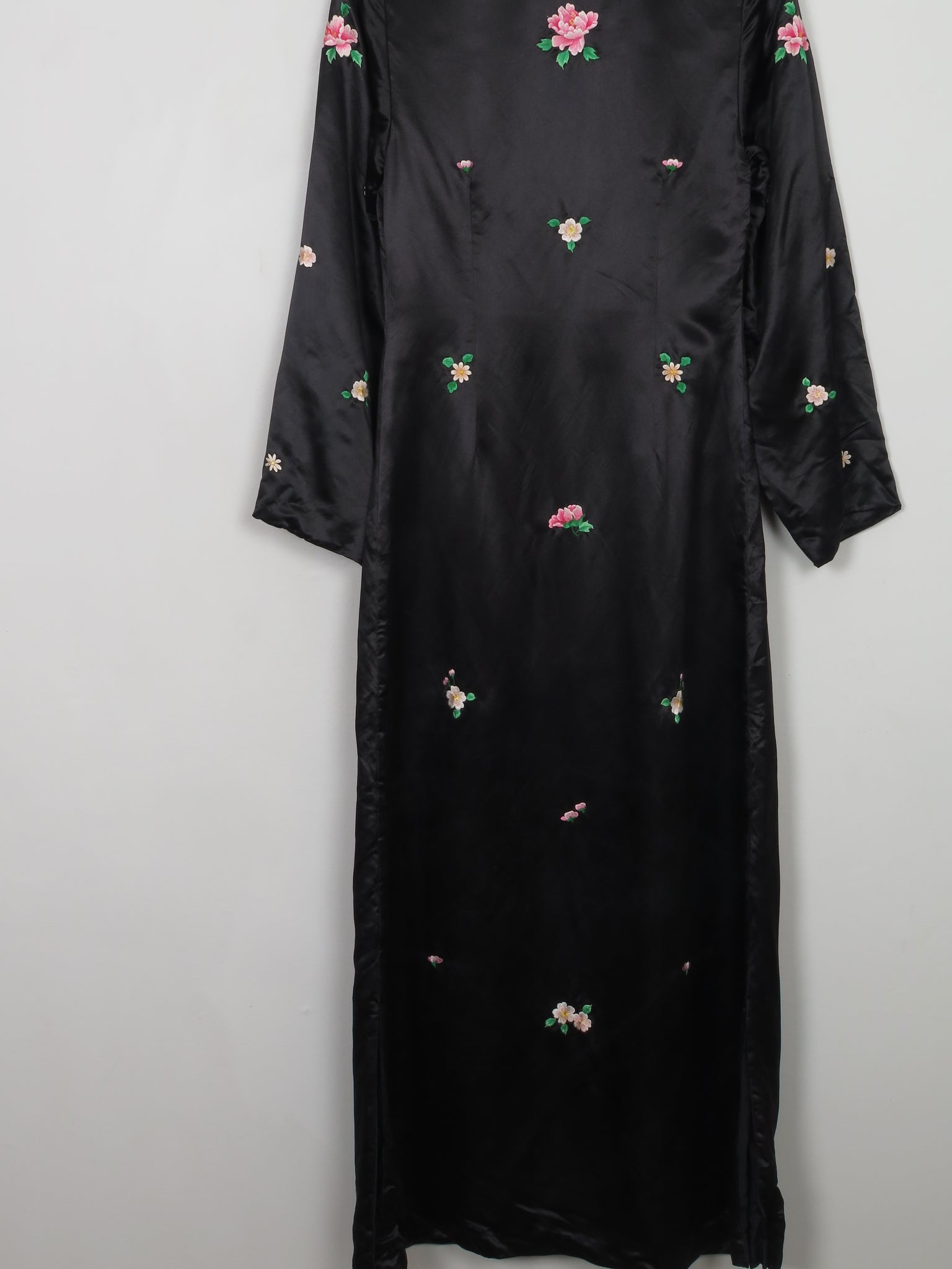 Vintage Chinese Hand Embroidered Silk Black Duster Maxi Coat XXS/6