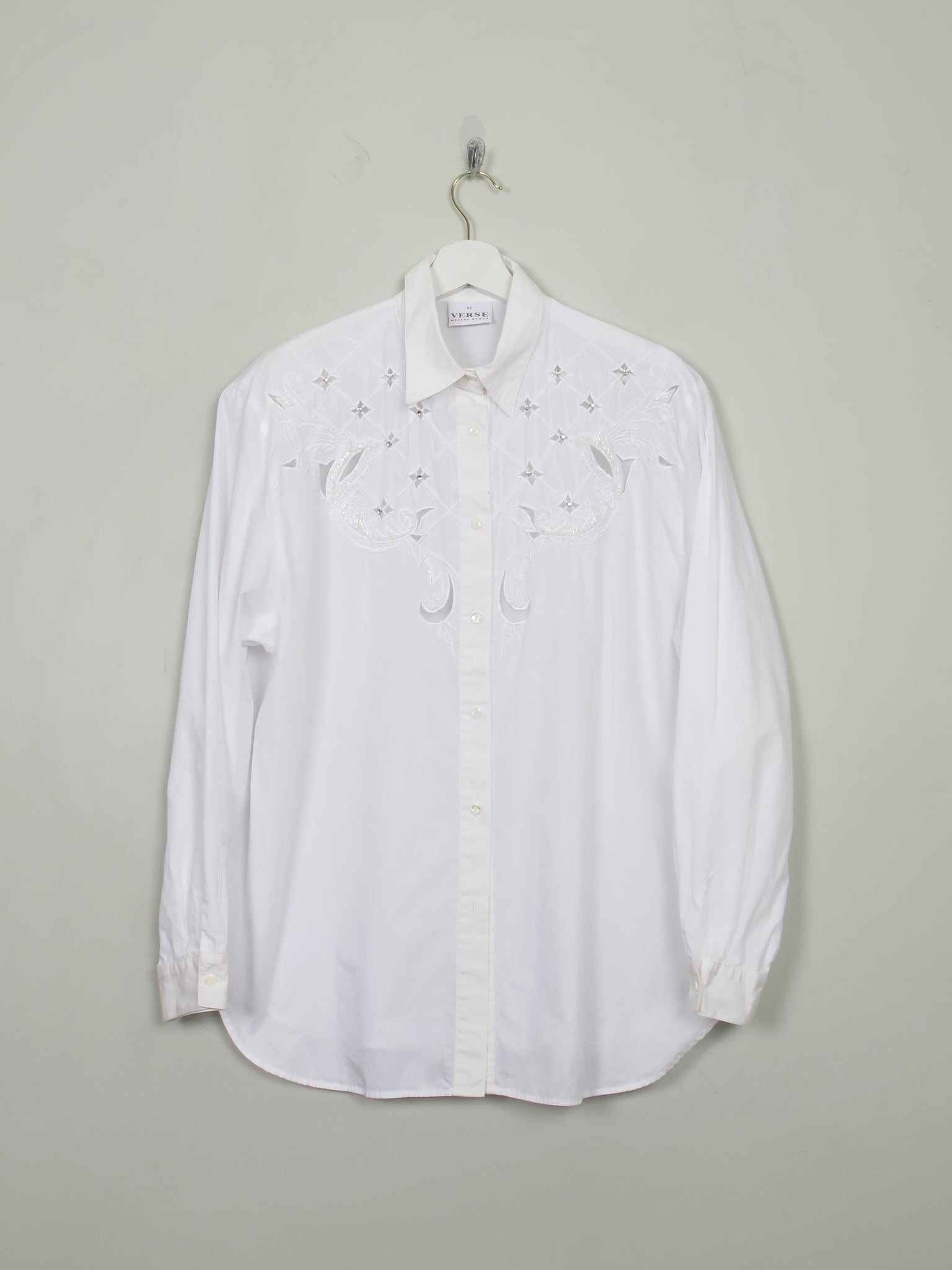 Women's White Verses Beaded Blouse L - The Harlequin