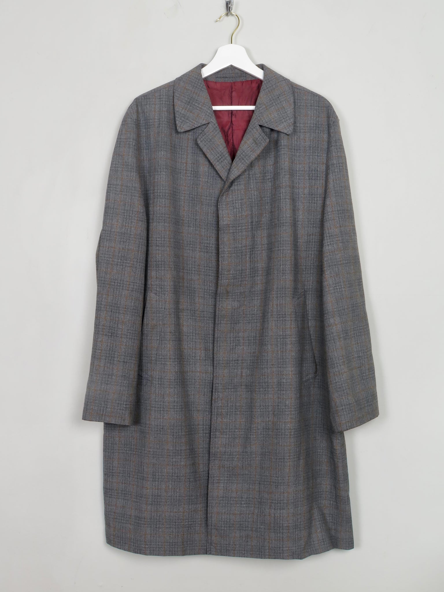 Men's Trench Style Grey Check Overcoat L