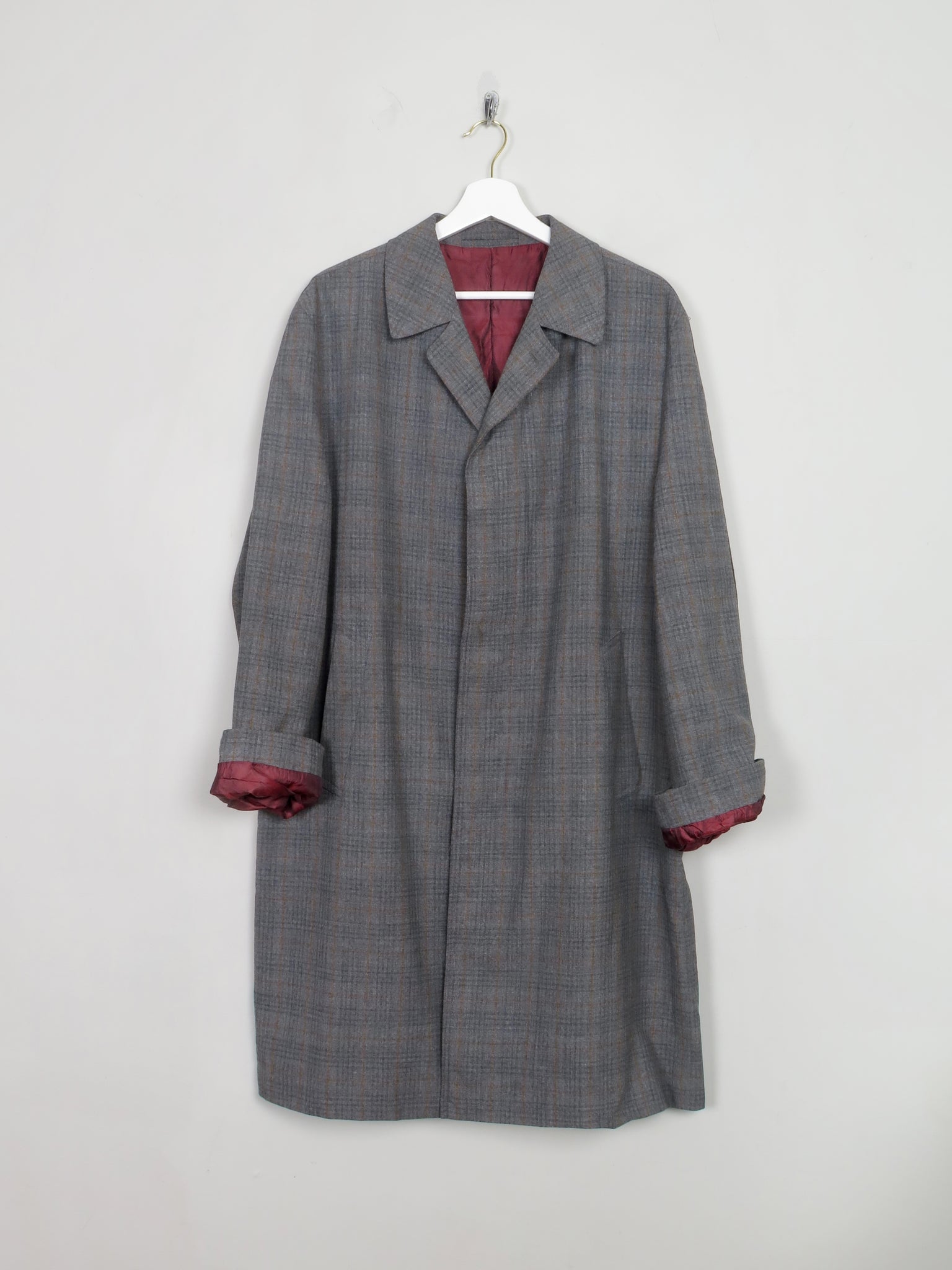 Men's Trench Style Grey Check Overcoat L