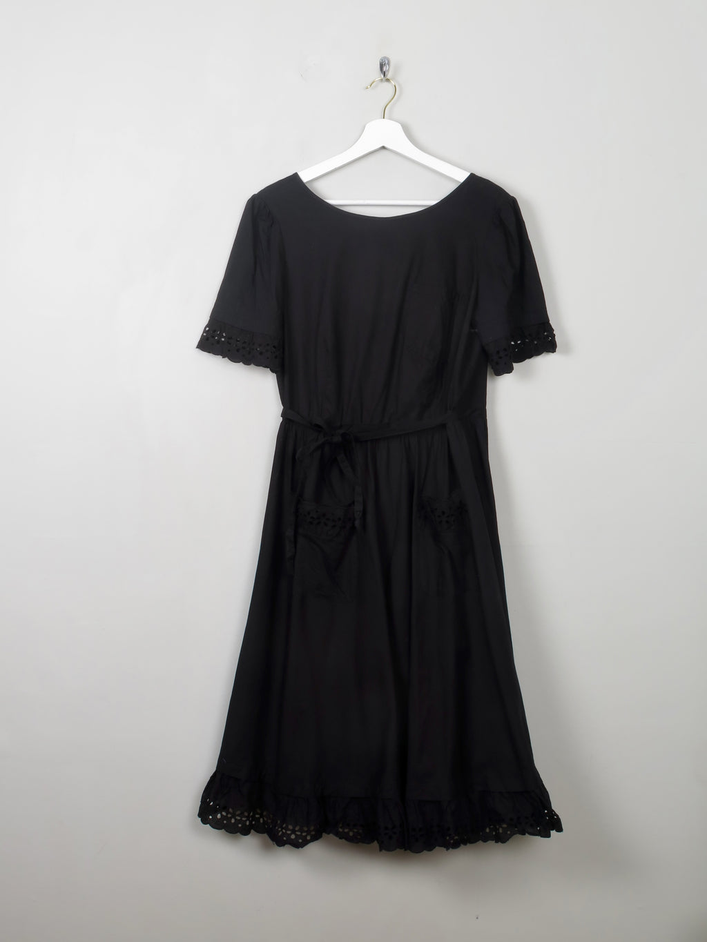 Vintage 70s  Black Wrap-Over Dress With Broderie Anglaise Trim - The Harlequin