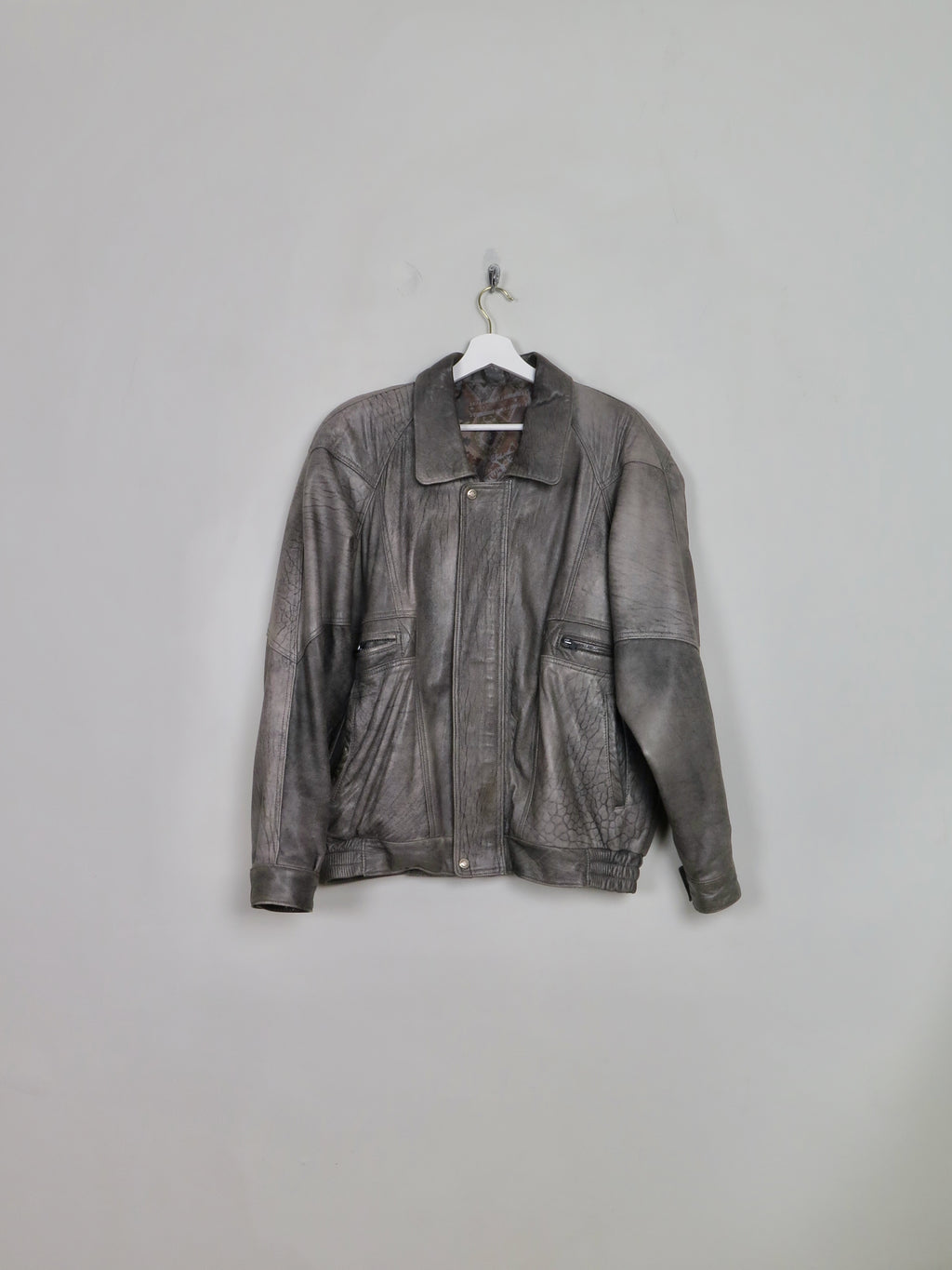 Men's Vintage Grey Leather Bomber Jacket L
