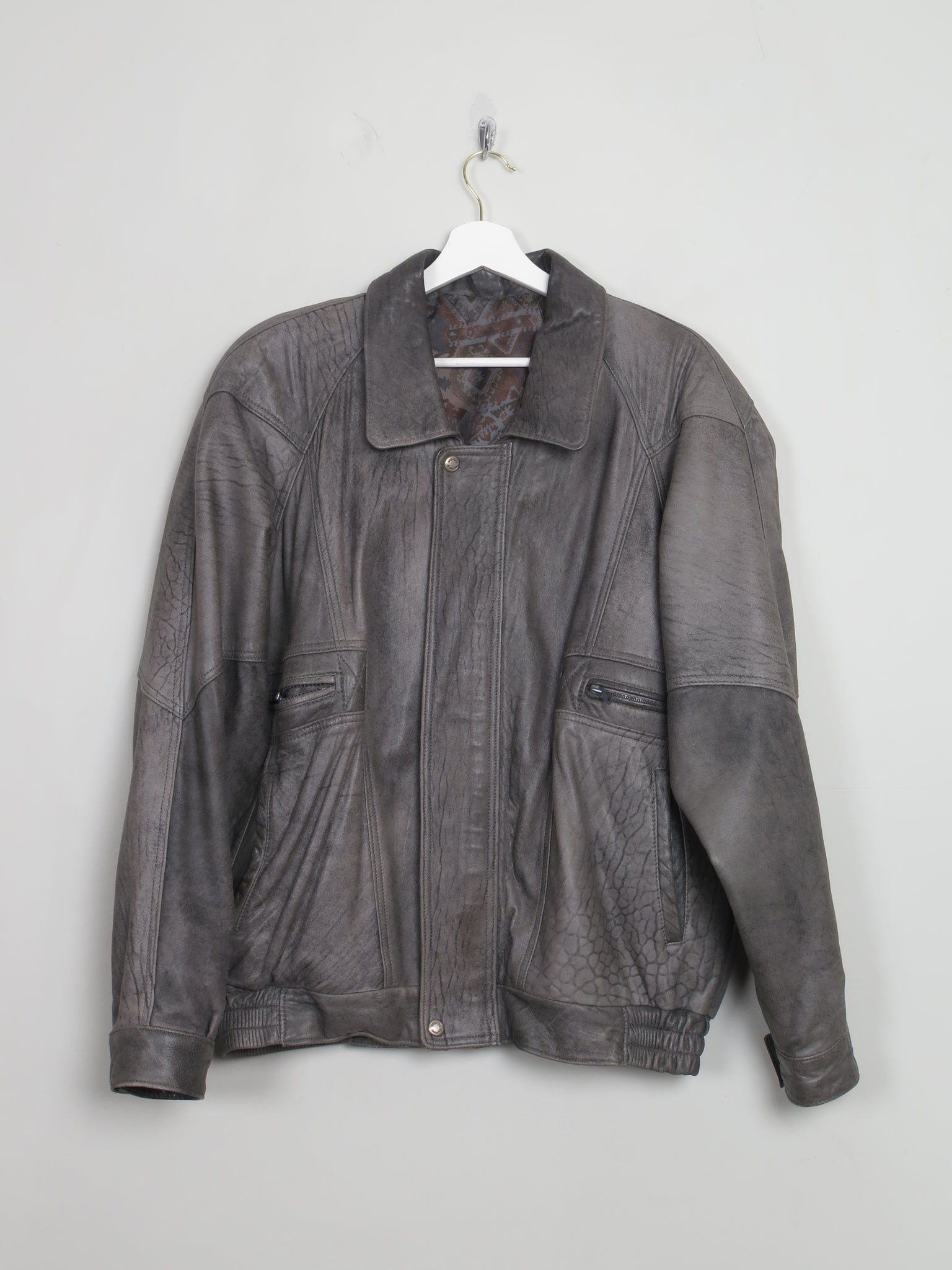 Men's Vintage Grey Leather Bomber Jacket L
