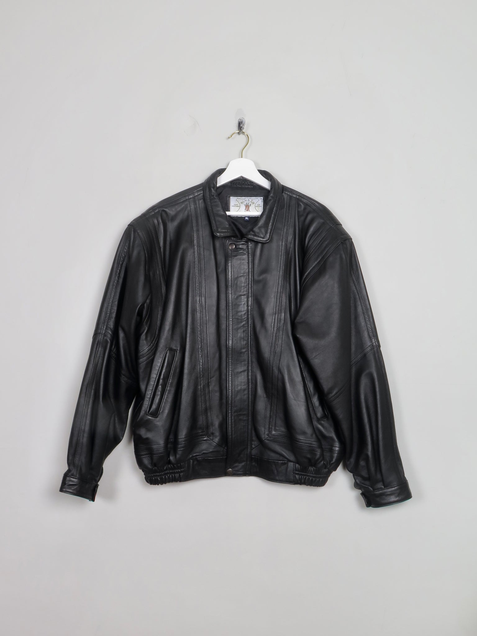 Men's Vintage Black Leather Bomber Jacket L/XL