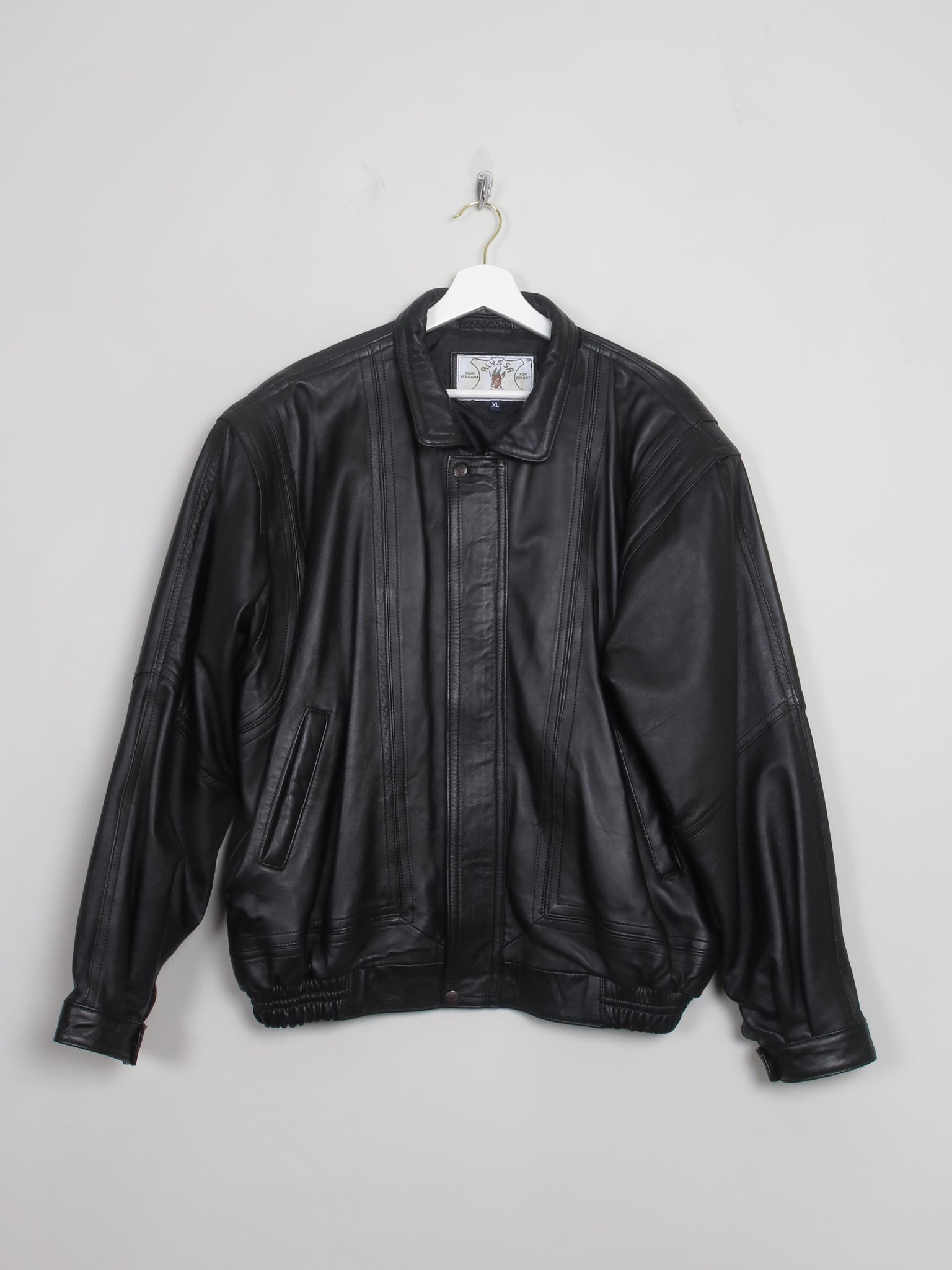 Men's Vintage Black Leather Bomber Jacket L/XL