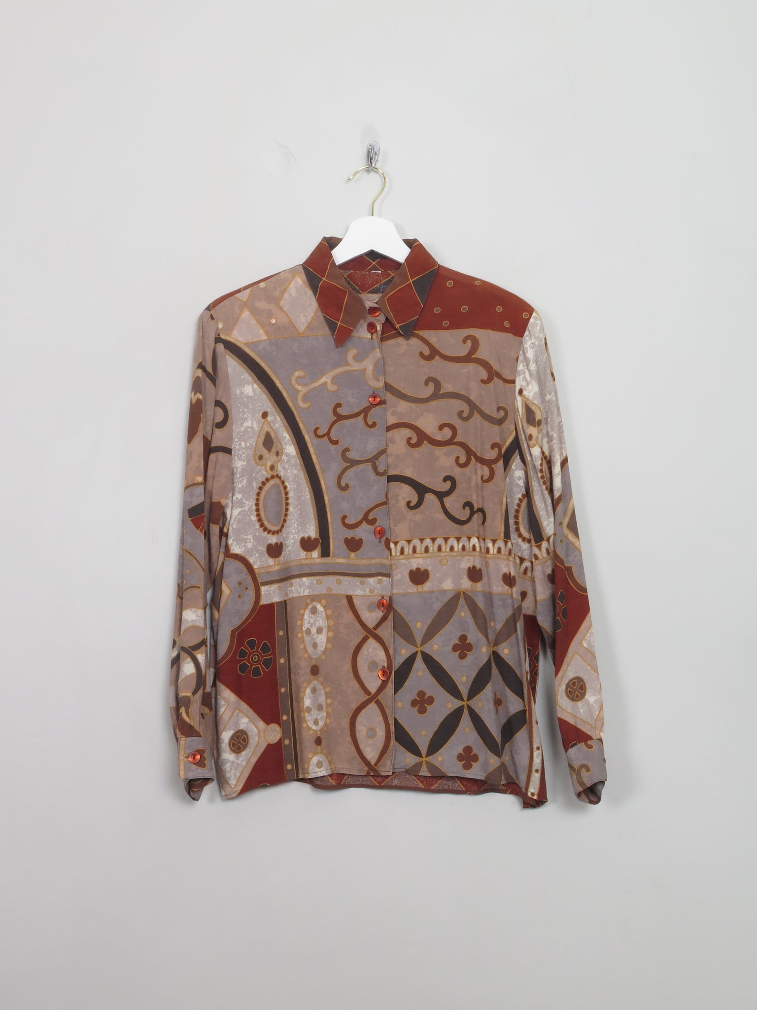 Vintage Printed Brown Shirt Blouse S/M