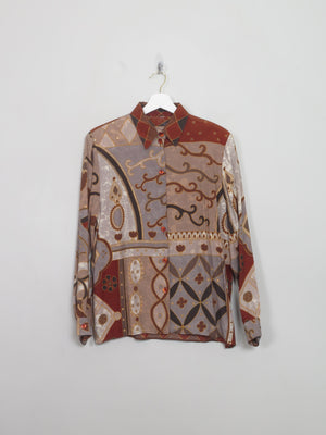 Vintage Printed Brown Shirt Blouse S/M