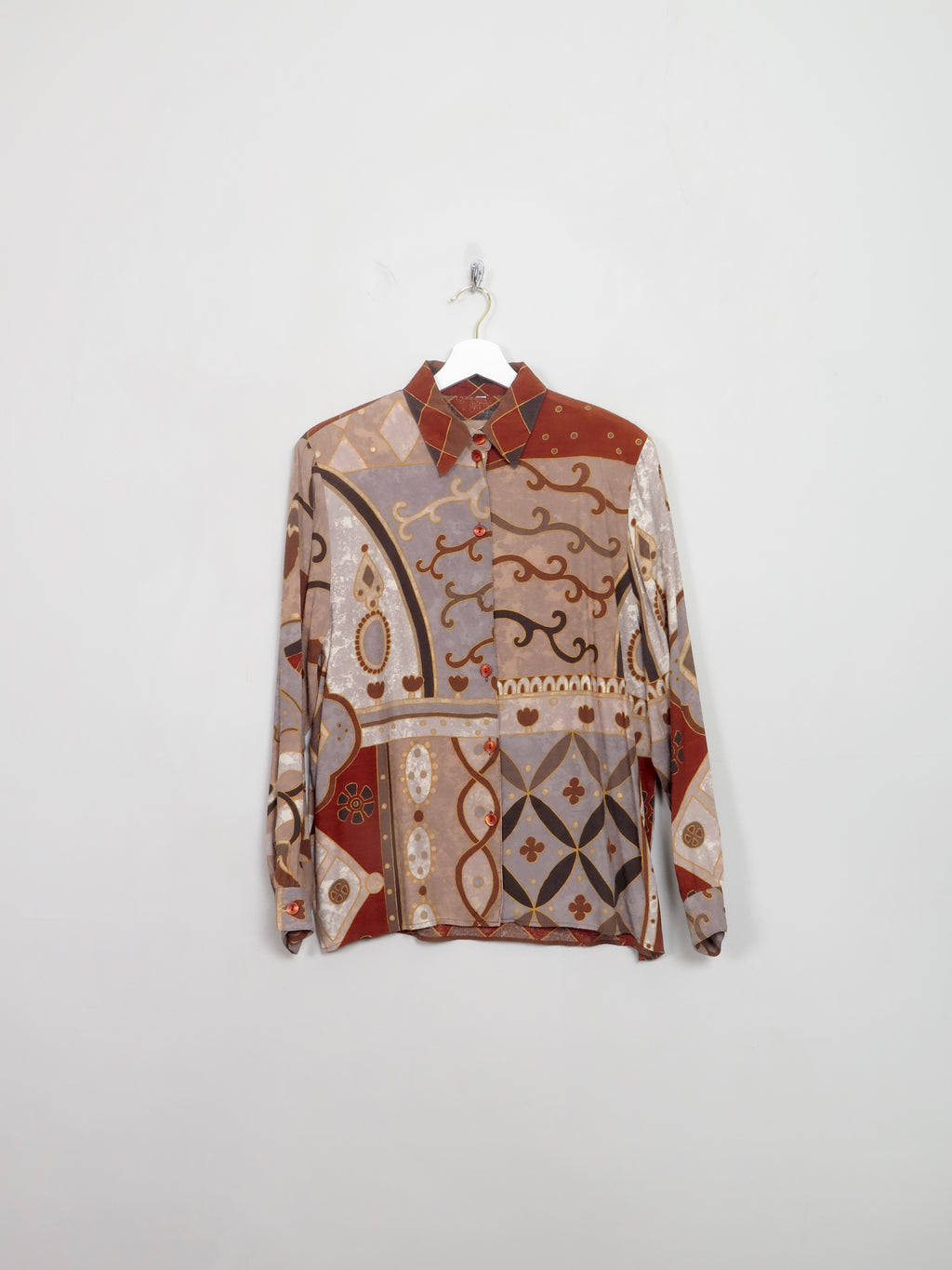 Vintage Printed Brown Shirt Blouse S/M