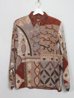 Vintage Printed Brown Shirt Blouse S/M