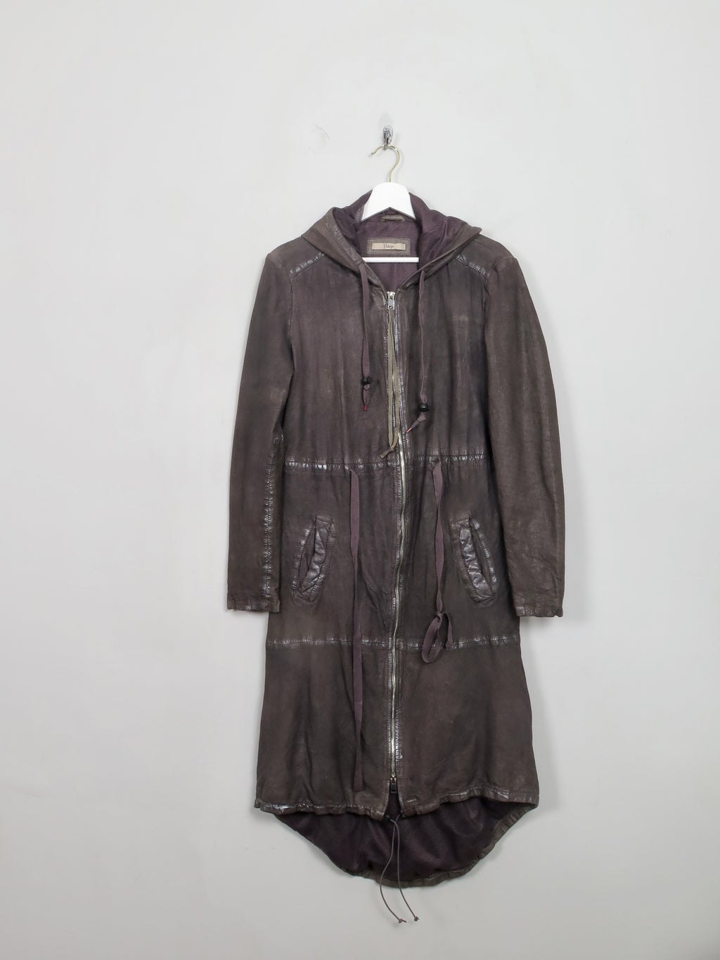 Women's Charcoal Black Leather Hooded Parka Coat S/M