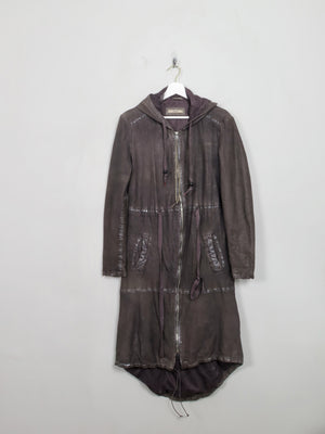Women's Charcoal Black Leather Hooded Parka Coat S/M